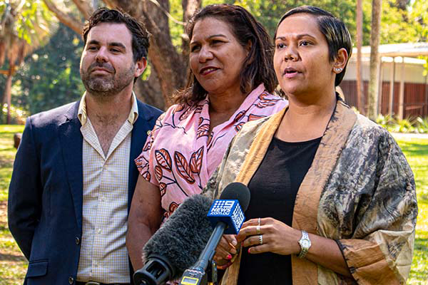 Minister Chansey Paech, Director of the Aboriginal Justice Unit Leanne Liddle and Minister Selena Uibo speak with the media.